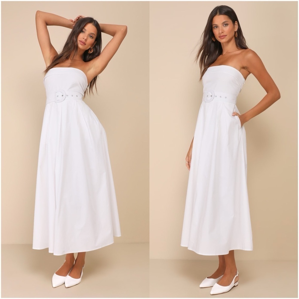 LULU’S Trendsetting Choice White Strapless Midi Dress With Pockets